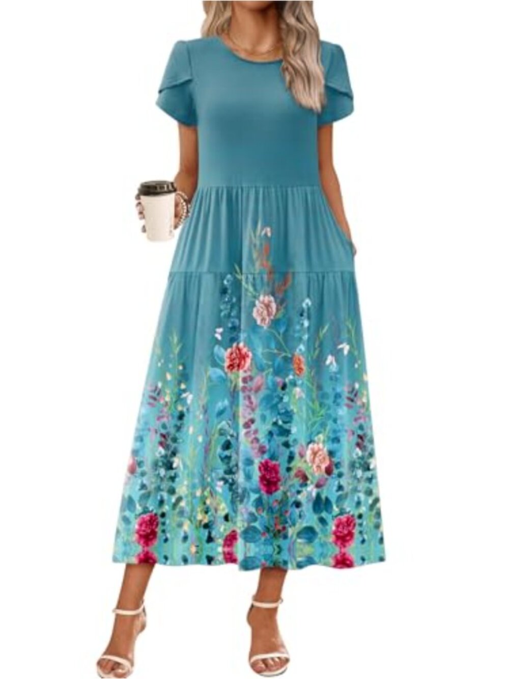 Women's Summer Maxi Dress Bohemian Floral Short Sleeve A Line Long Beach Dress